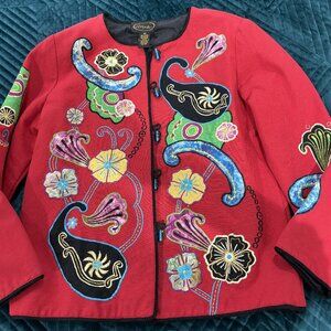 Stunning RED Embroidered & Applique Art Jacket - SIZE M - FREE SHIPPING!